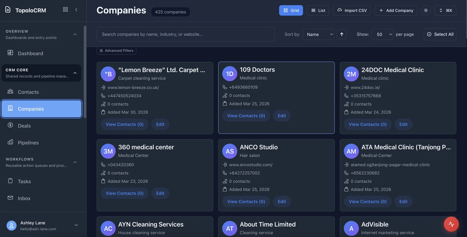TopoloCRM contact and deal workflow