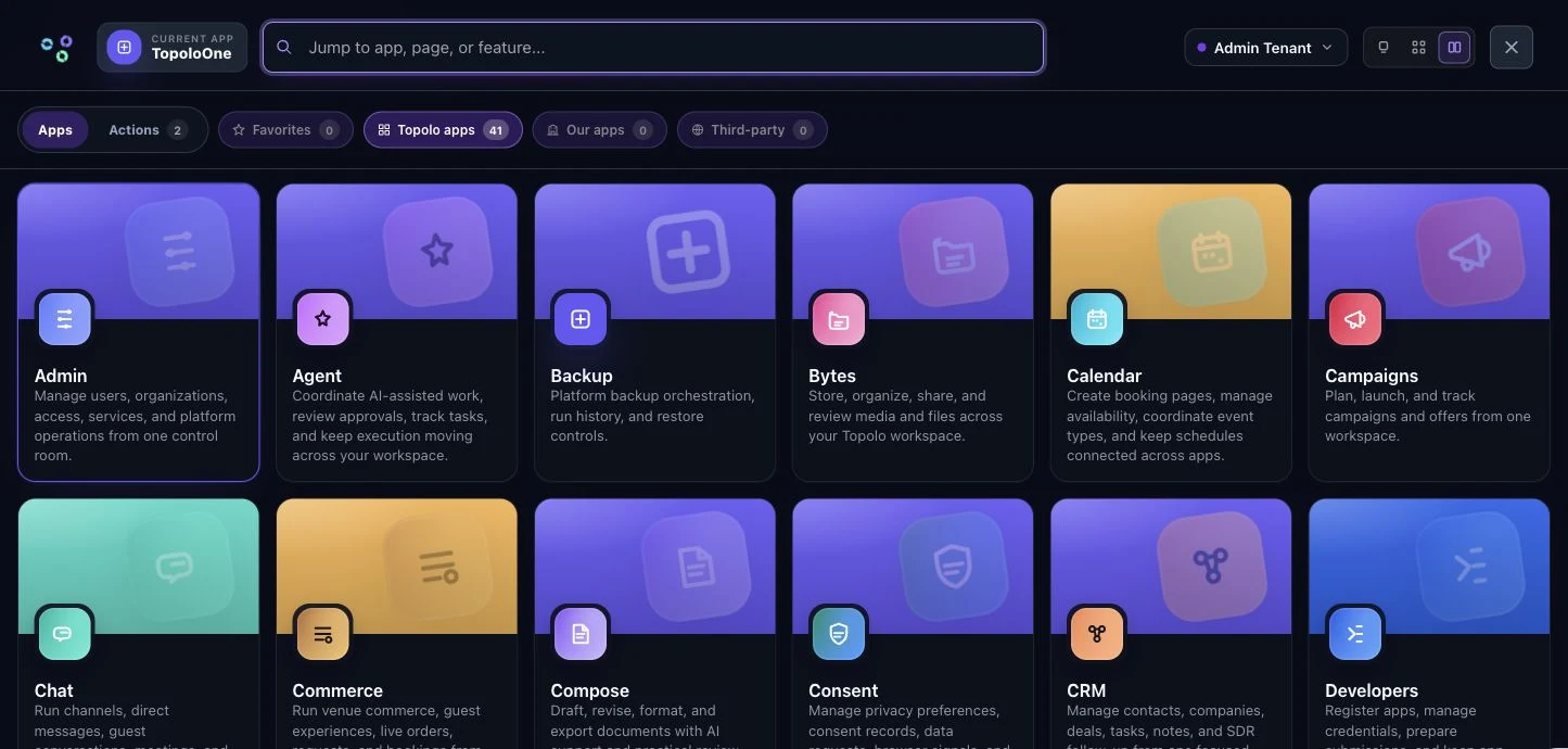 TopoloOne app switcher with shared workspace context